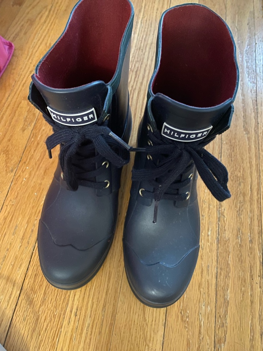 Tommy Hilfiger Black Lace-Up Rain Boots with Red Interior